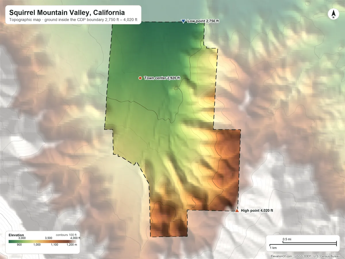 Topographic elevation map of Squirrel Mountain Valley, California, shaded from 2,750 ft on the northeast side to 4,020 ft at the foot of the Piute Mountains
