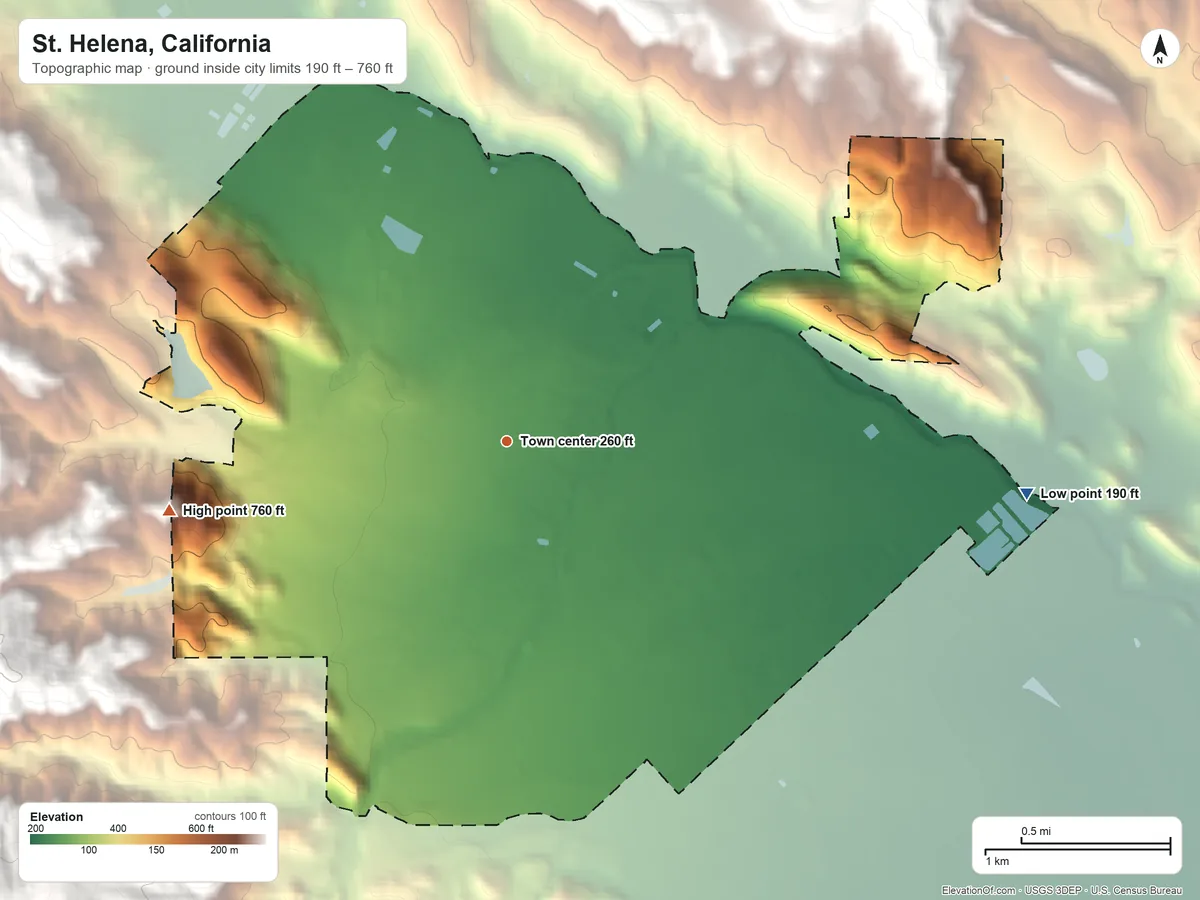 Topographic elevation map of St. Helena, California, shaded from 190 ft on the east side to 760 ft at the foot of the Yountville Hills