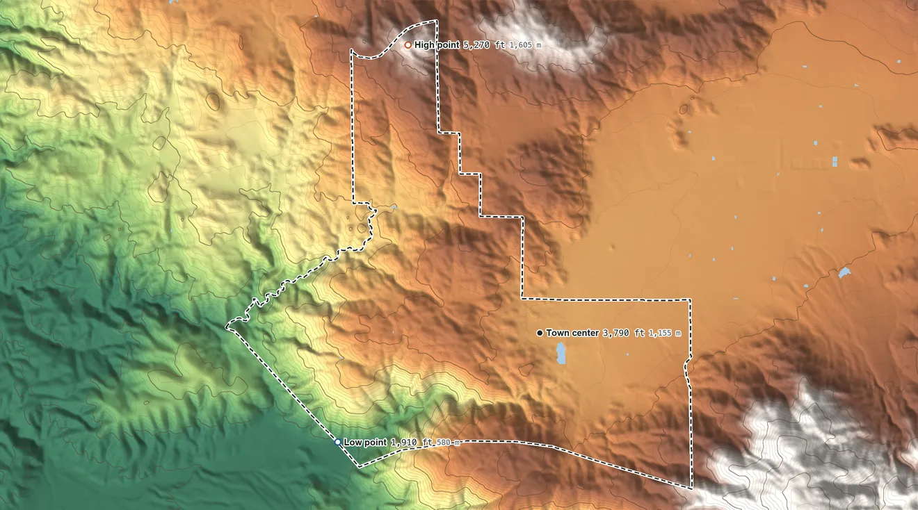 Topographic elevation map of Stallion Springs, California, shaded from 1,910 ft on the southwest side to 5,270 ft on the northwest side