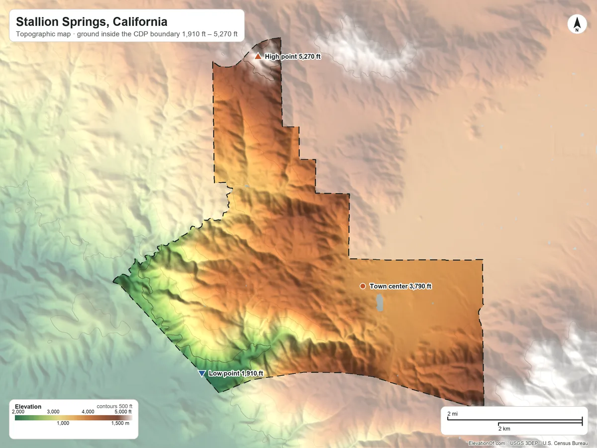 Topographic elevation map of Stallion Springs, California, shaded from 1,910 ft on the southwest side to 5,270 ft on the northwest side