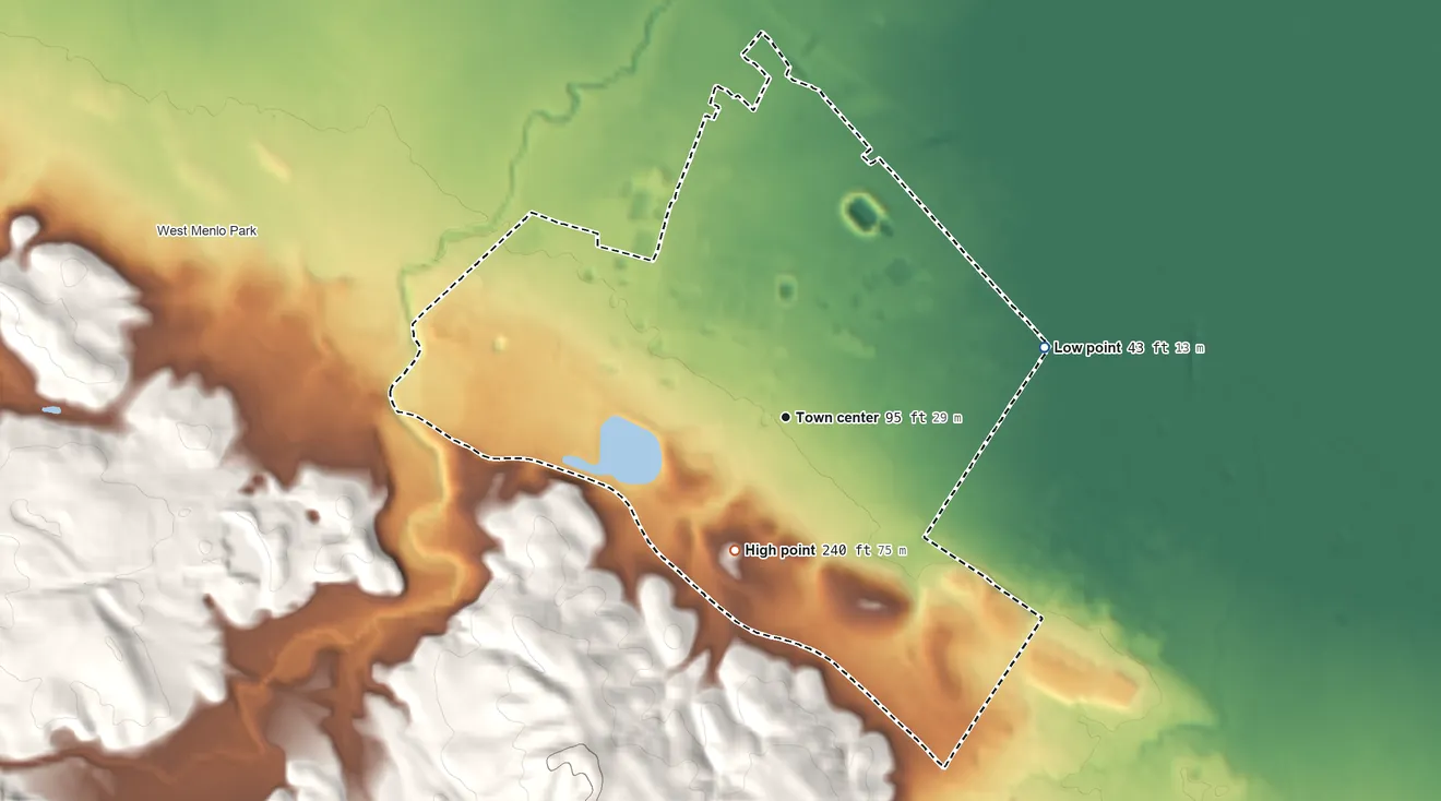 Topographic elevation map of Stanford, California, shaded from 43 ft on the east side to 240 ft on the south side