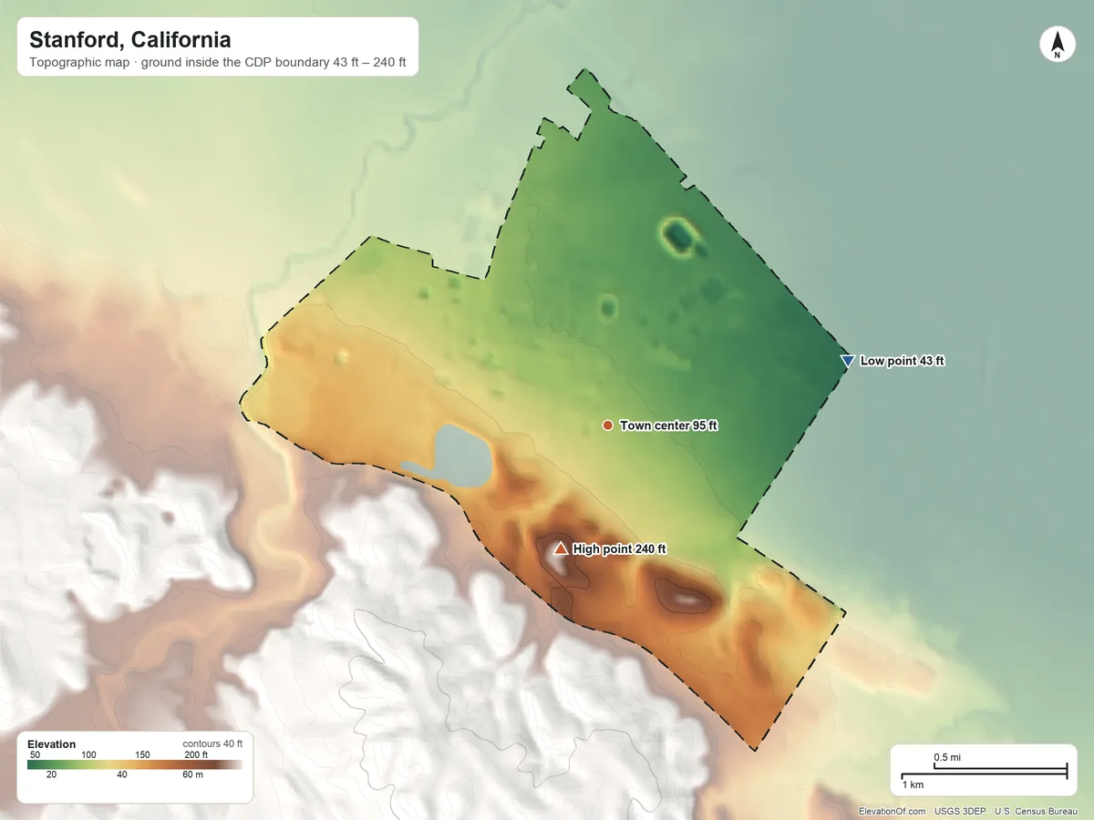 Topographic elevation map of Stanford, California, shaded from 43 ft on the east side to 240 ft on the south side