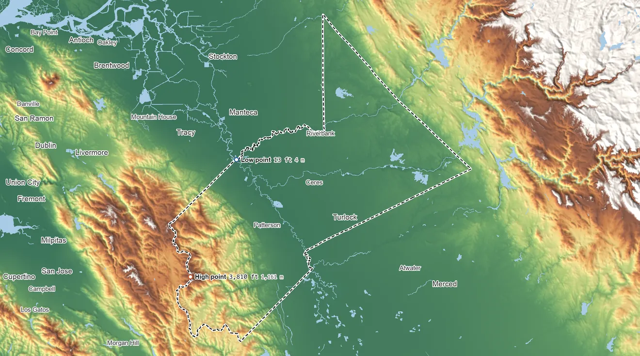 Topographic elevation map of Stanislaus County, California, shaded from 13 ft on the west side to 3,810 ft on Mount Stakes