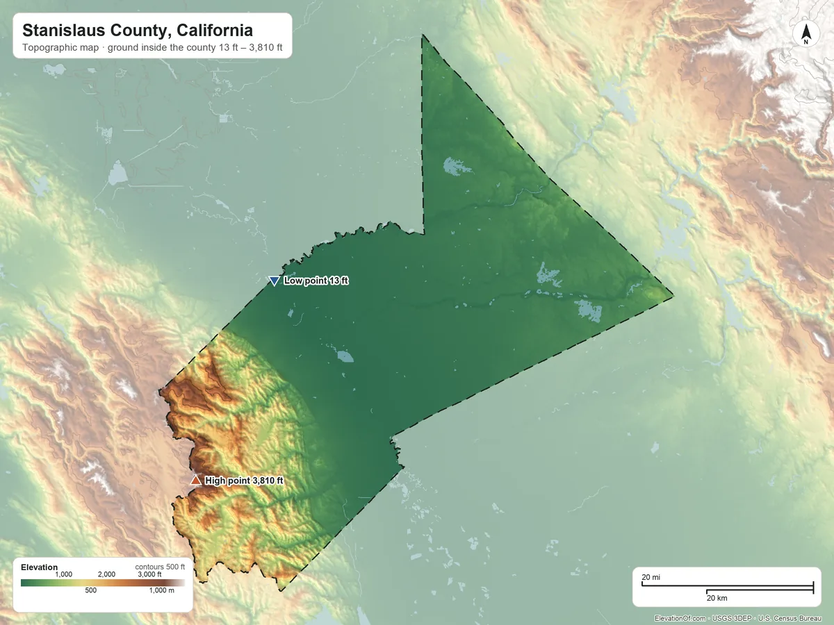 Topographic elevation map of Stanislaus County, California, shaded from 13 ft on the west side to 3,810 ft on Mount Stakes
