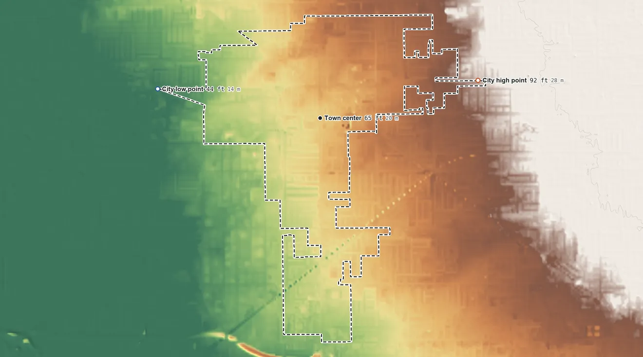 Topographic elevation map of Stanton, California, shaded from 44 ft on the west side to 92 ft on the east side