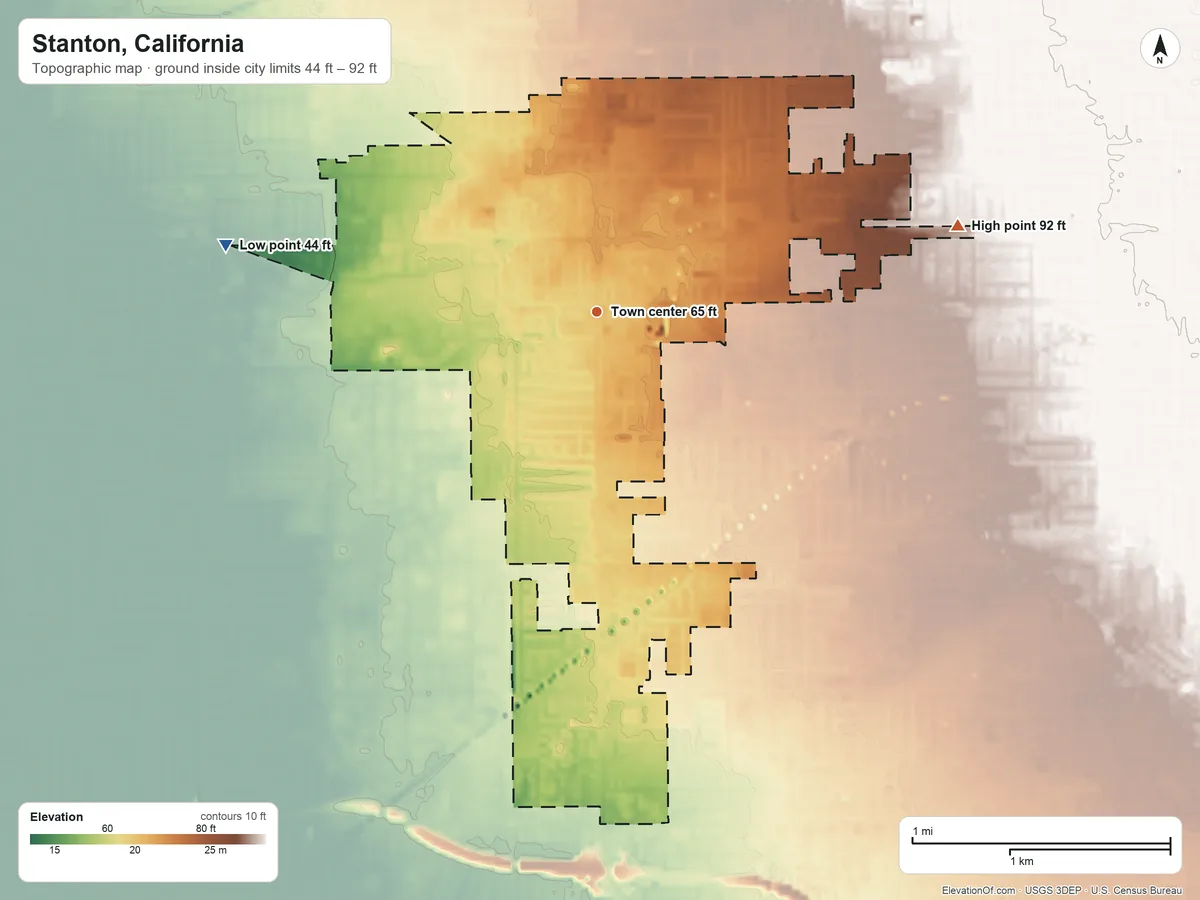 Topographic elevation map of Stanton, California, shaded from 44 ft on the west side to 92 ft on the east side