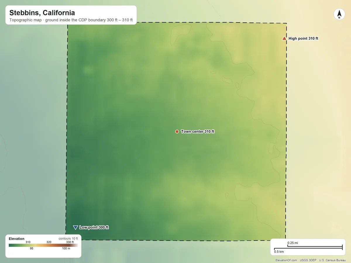 Topographic elevation map of Stebbins, California, shaded from 300 ft on the southwest side to 310 ft on the northeast side