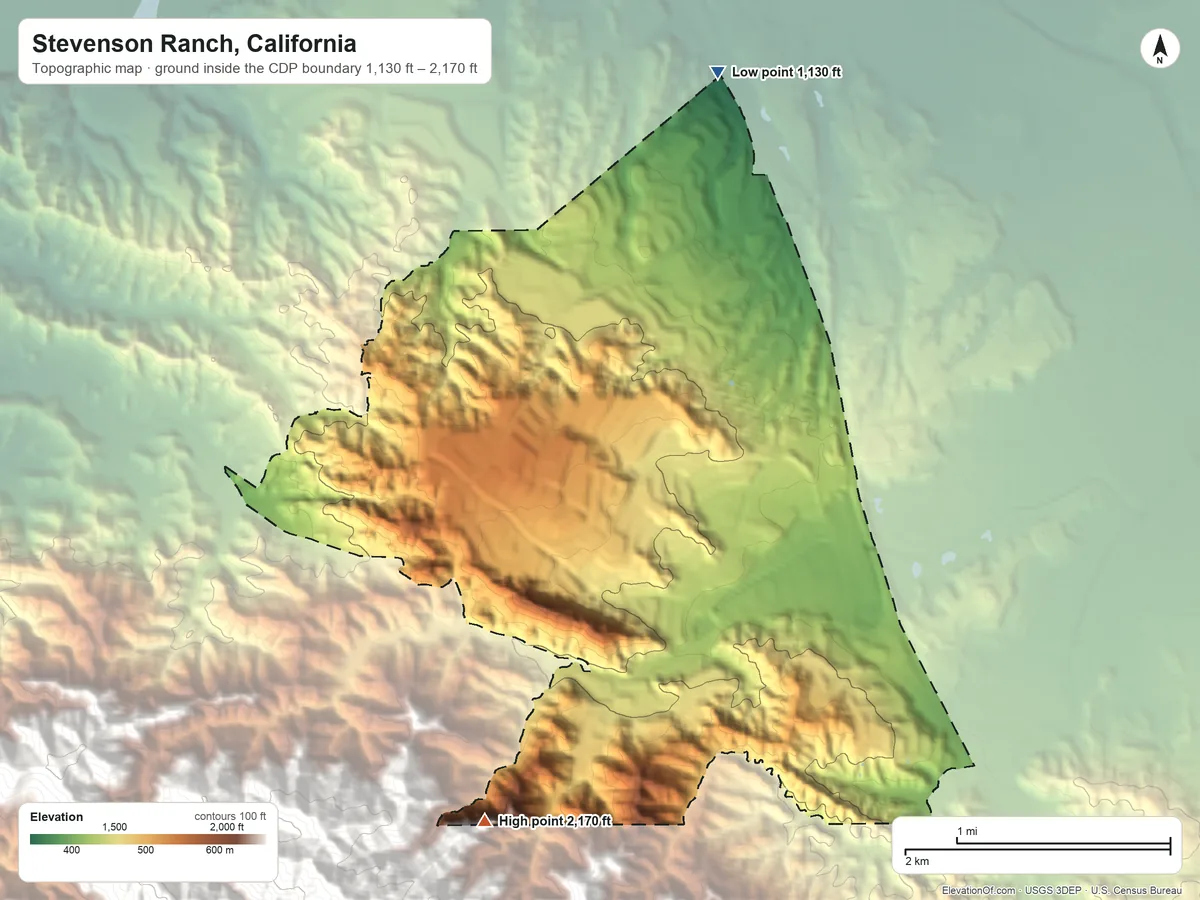 Topographic elevation map of Stevenson Ranch, California, shaded from 1,130 ft on the north side to 2,170 ft at the foot of the Santa Susana Mountains