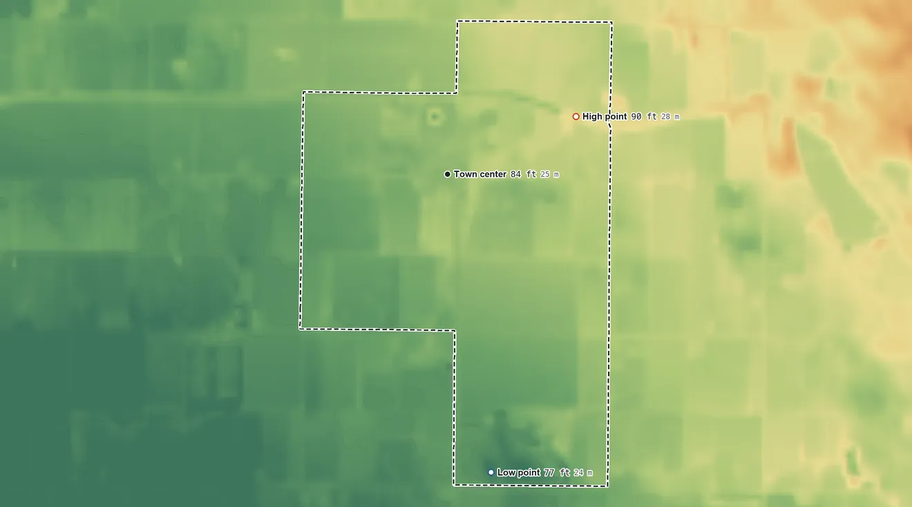 Topographic elevation map of Stevinson, California, shaded from 77 ft on the south side to 90 ft on the northeast side