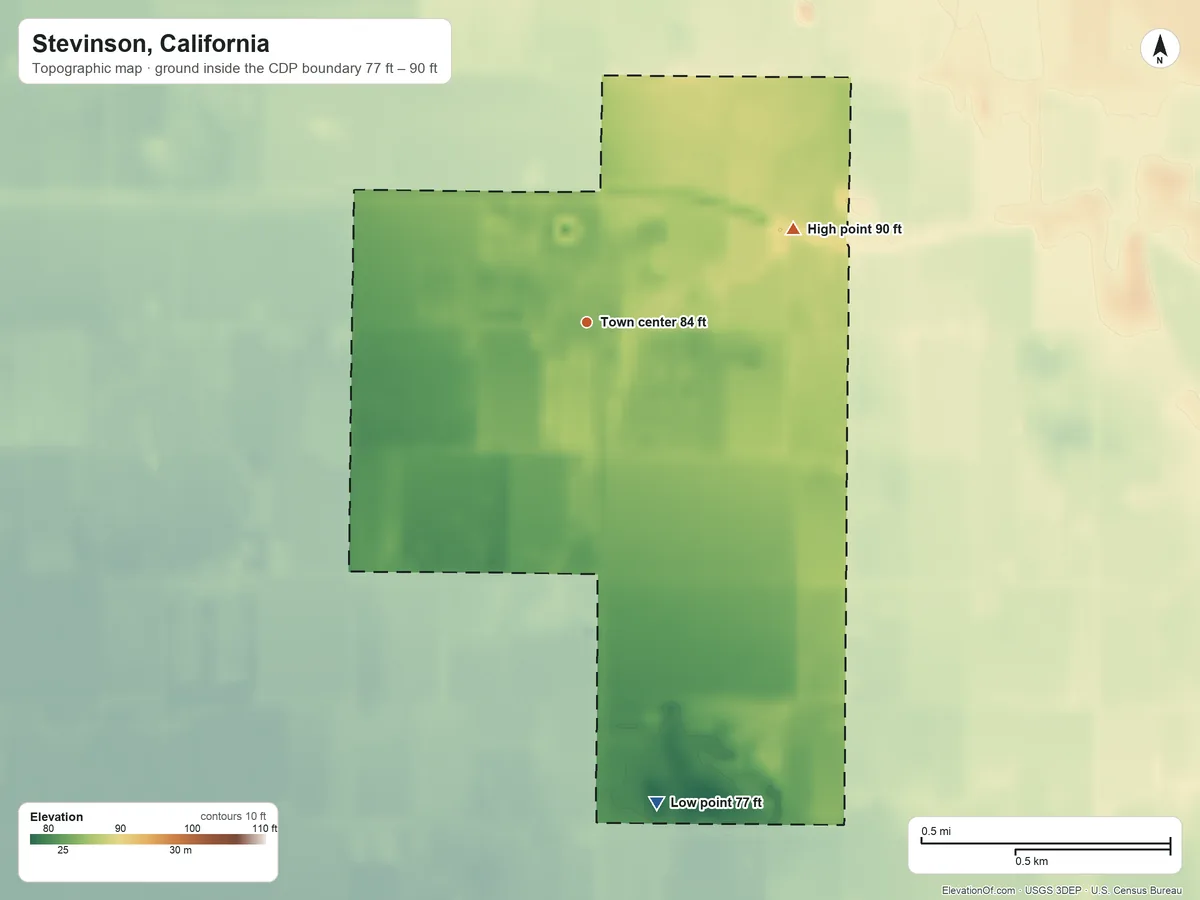 Topographic elevation map of Stevinson, California, shaded from 77 ft on the south side to 90 ft on the northeast side