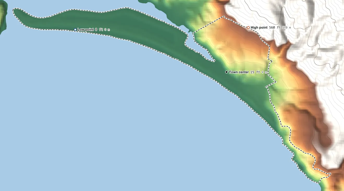 Topographic elevation map of Stinson Beach, California, shaded from sea level level on Bolinas Bay to 560 ft at the foot of the San Miguel Hills