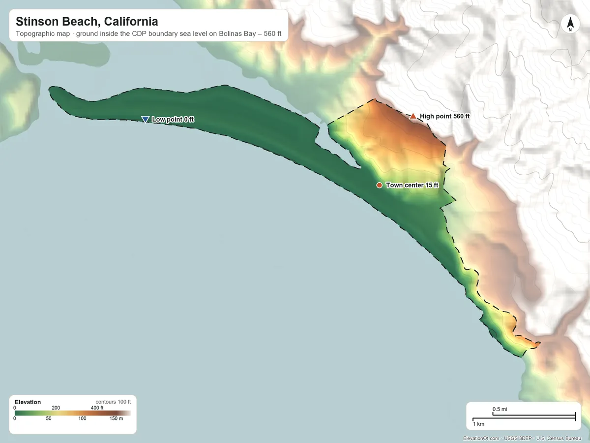 Topographic elevation map of Stinson Beach, California, shaded from sea level level on Bolinas Bay to 560 ft at the foot of the San Miguel Hills