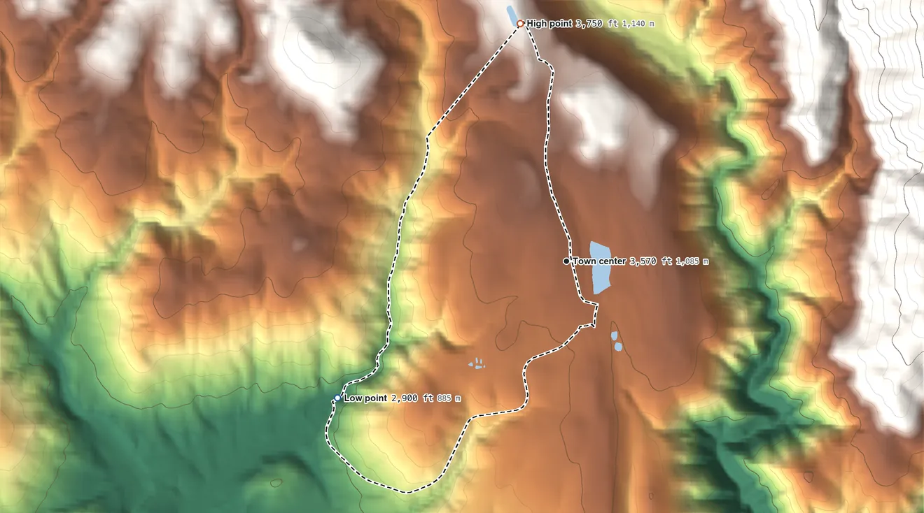 Topographic elevation map of Stirling City, California, shaded from 2,900 ft on the southwest side to 3,750 ft on the north edge, below higher ground just outside