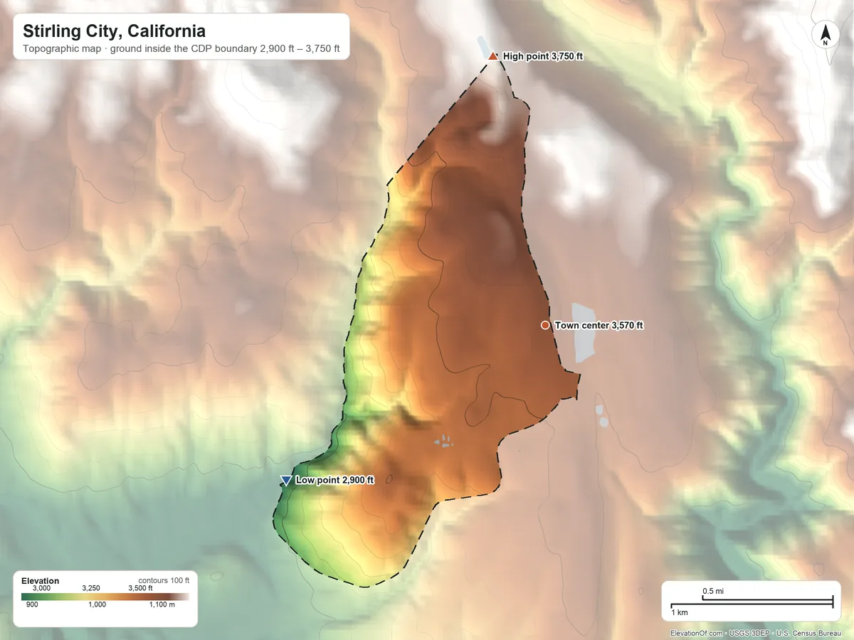 Topographic elevation map of Stirling City, California, shaded from 2,900 ft on the southwest side to 3,750 ft on the north edge, below higher ground just outside