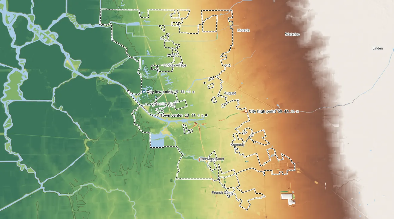 Topographic elevation map of Stockton, California, shaded from −9 ft on the west side to 69 ft on the east side