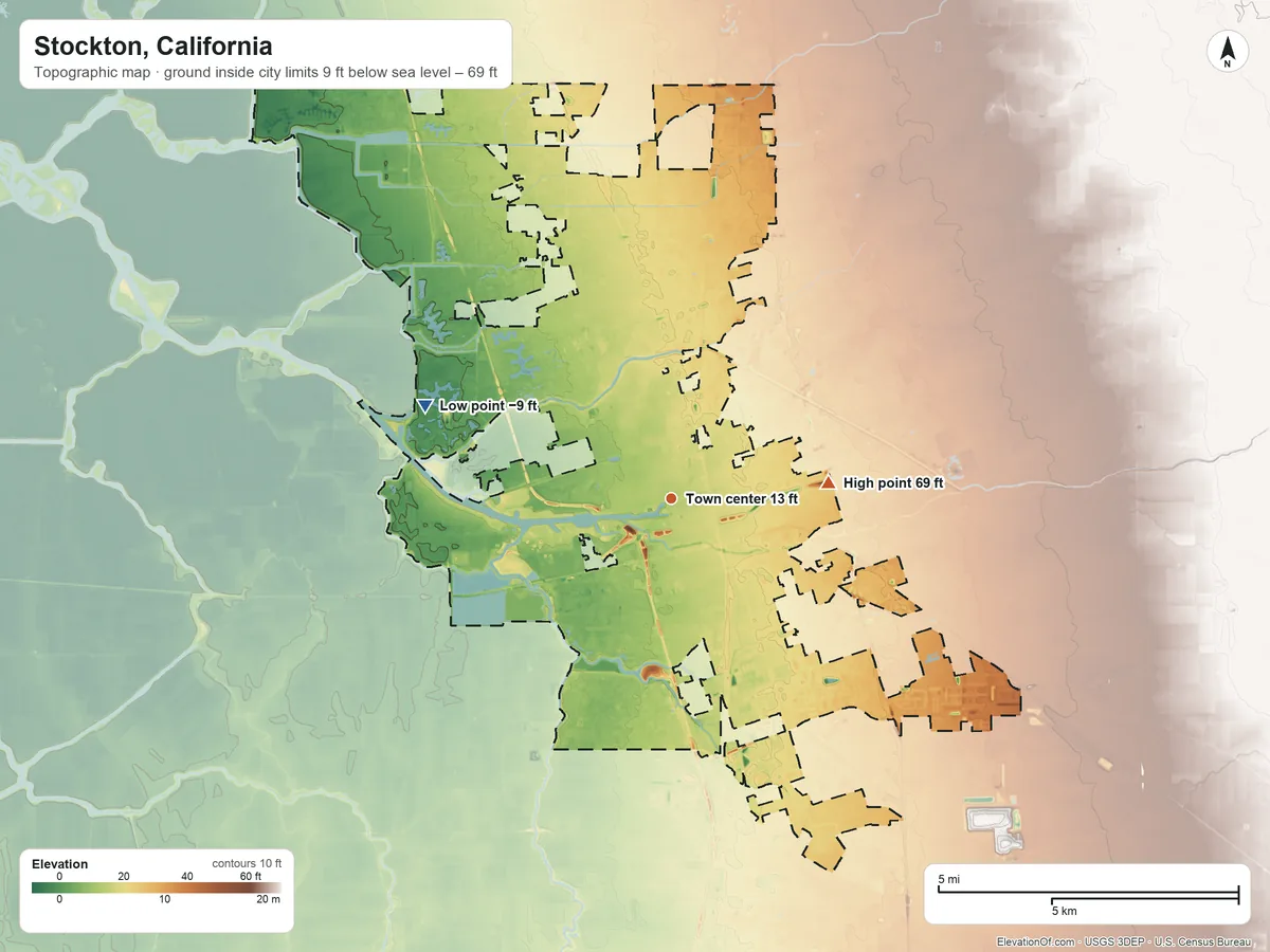 Topographic elevation map of Stockton, California, shaded from −9 ft on the west side to 69 ft on the east side