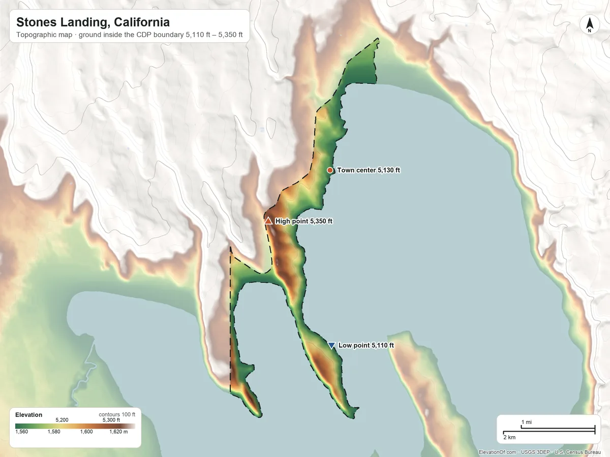Topographic elevation map of Stones Landing, California, shaded from 5,110 ft on the south side to 5,350 ft at the foot of the Bald Hills