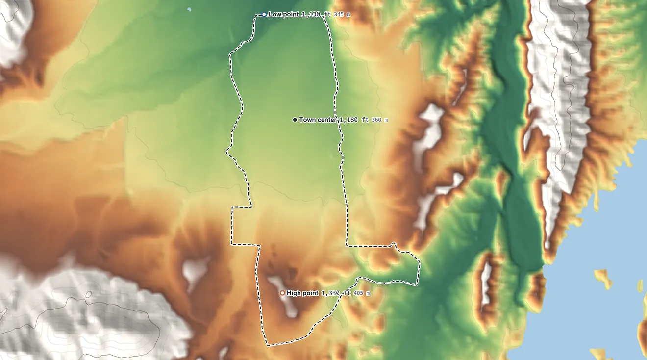 Topographic elevation map of Stonyford, California, shaded from 1,130 ft on the north side to 1,330 ft on the south edge, below higher ground just outside