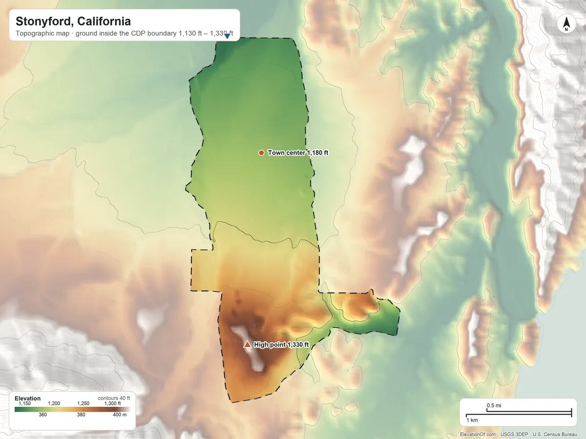 Topographic elevation map of Stonyford, California, shaded from 1,130 ft on the north side to 1,330 ft on the south edge, below higher ground just outside