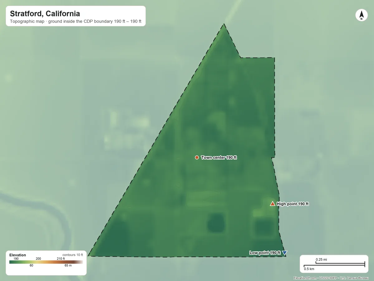 Topographic elevation map of Stratford, California, shaded from 190 ft on the southeast side to 190 ft on the southeast side