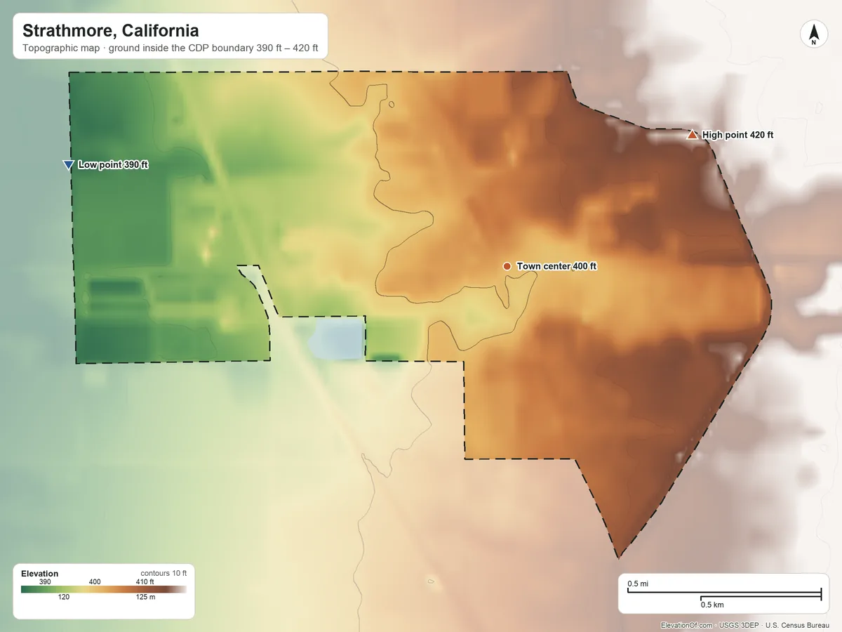 Topographic elevation map of Strathmore, California, shaded from 390 ft on the west side to 420 ft on the northeast side