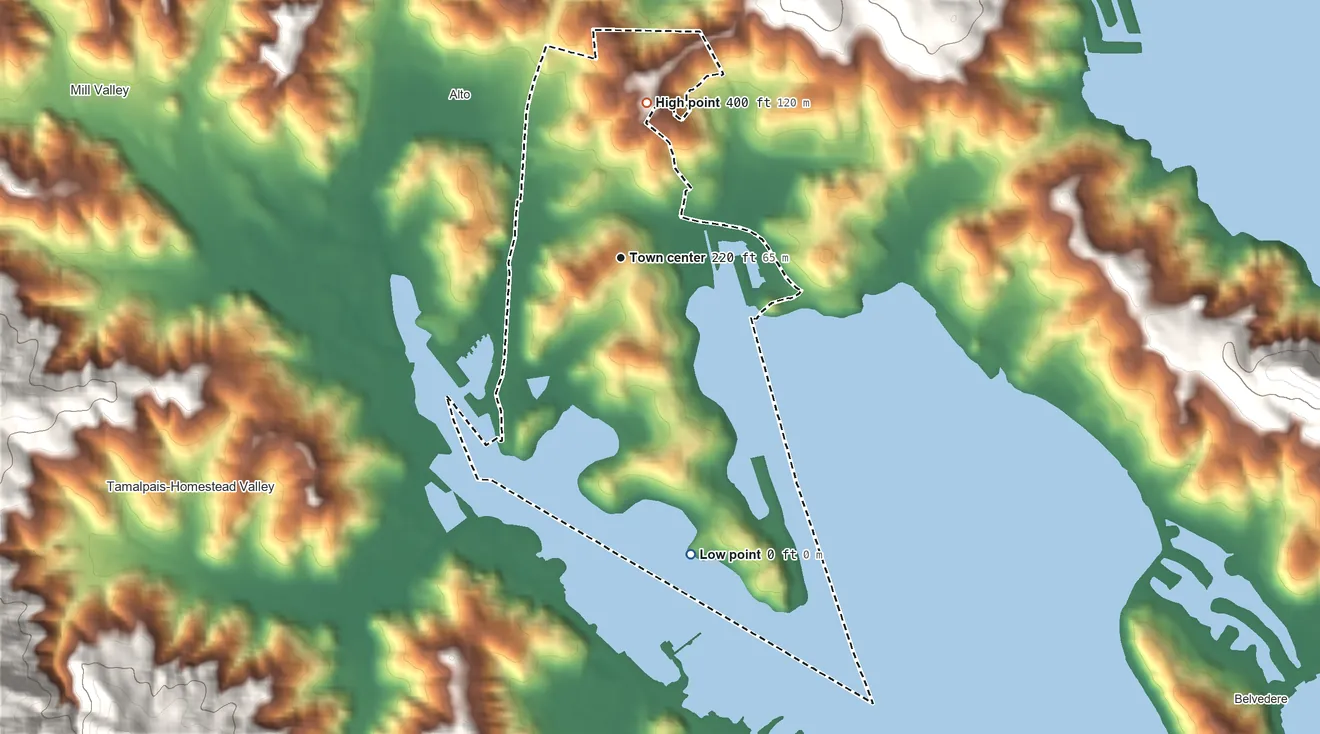 Topographic elevation map of Strawberry, California, shaded from sea level level on Richardson Bay to 400 ft on the north side
