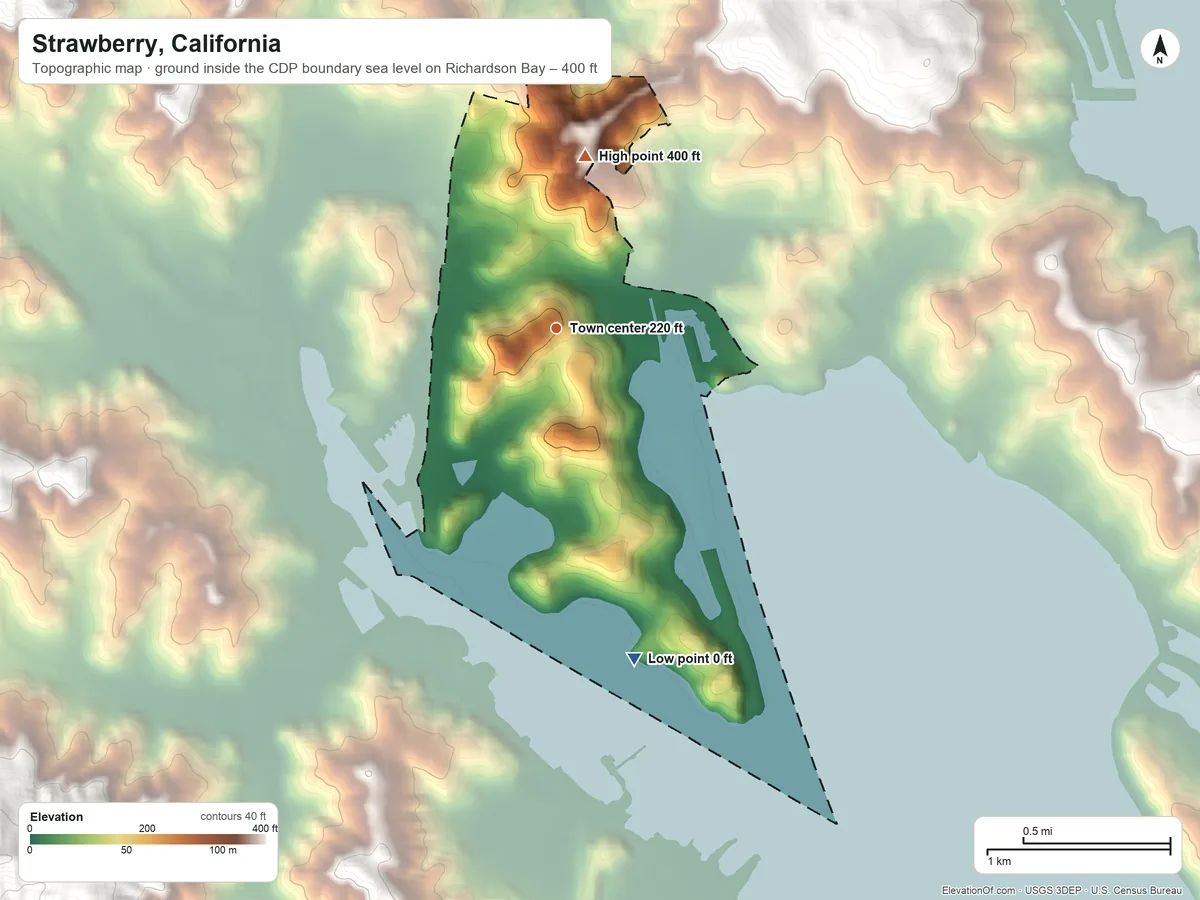 Topographic elevation map of Strawberry, California, shaded from sea level level on Richardson Bay to 400 ft on the north side