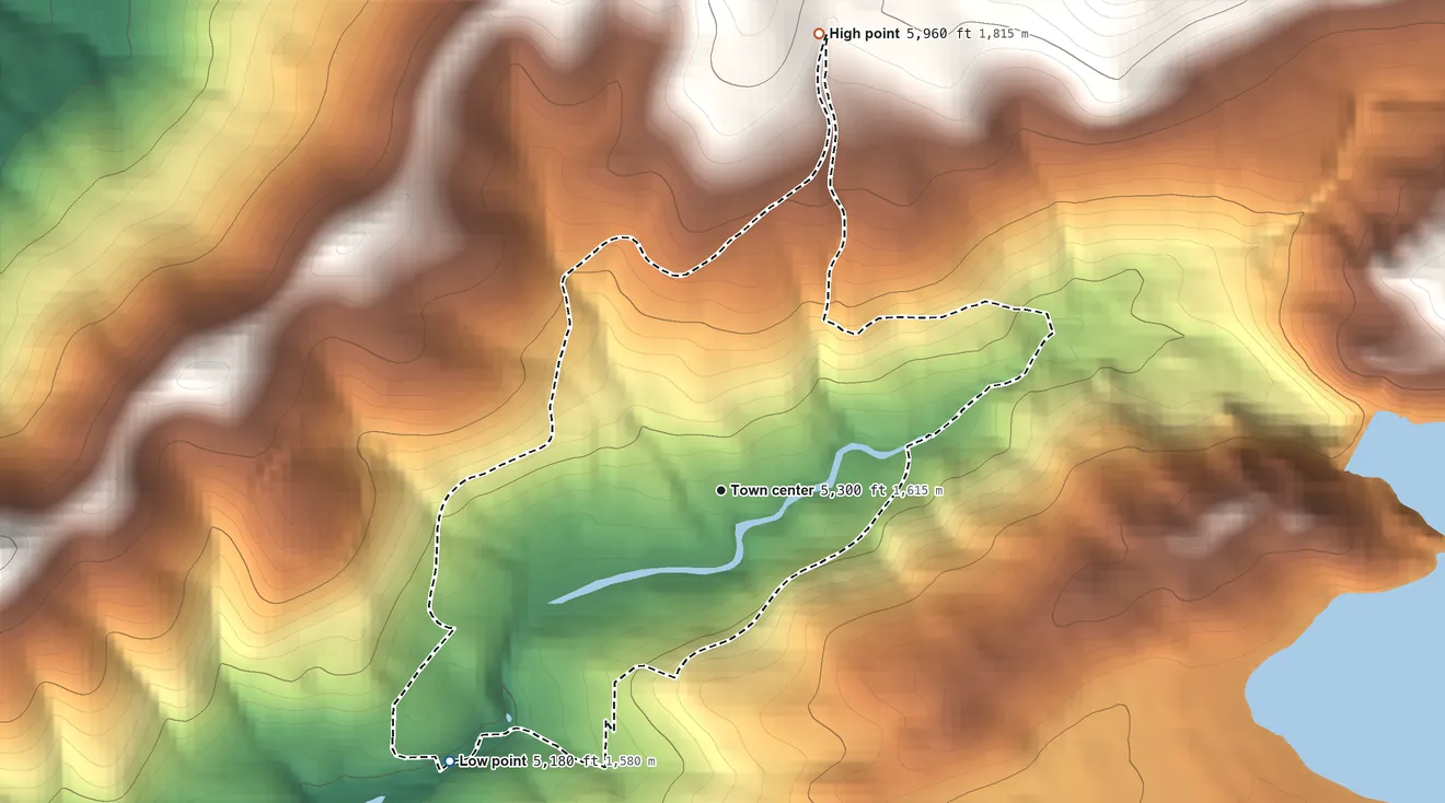 Topographic elevation map of Strawberry, Tuolumne County, California, shaded from 5,180 ft on the southwest side to 5,960 ft on the north edge, below higher ground just outside