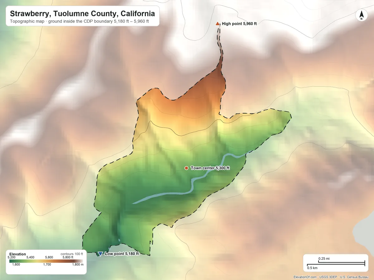 Topographic elevation map of Strawberry, Tuolumne County, California, shaded from 5,180 ft on the southwest side to 5,960 ft on the north edge, below higher ground just outside