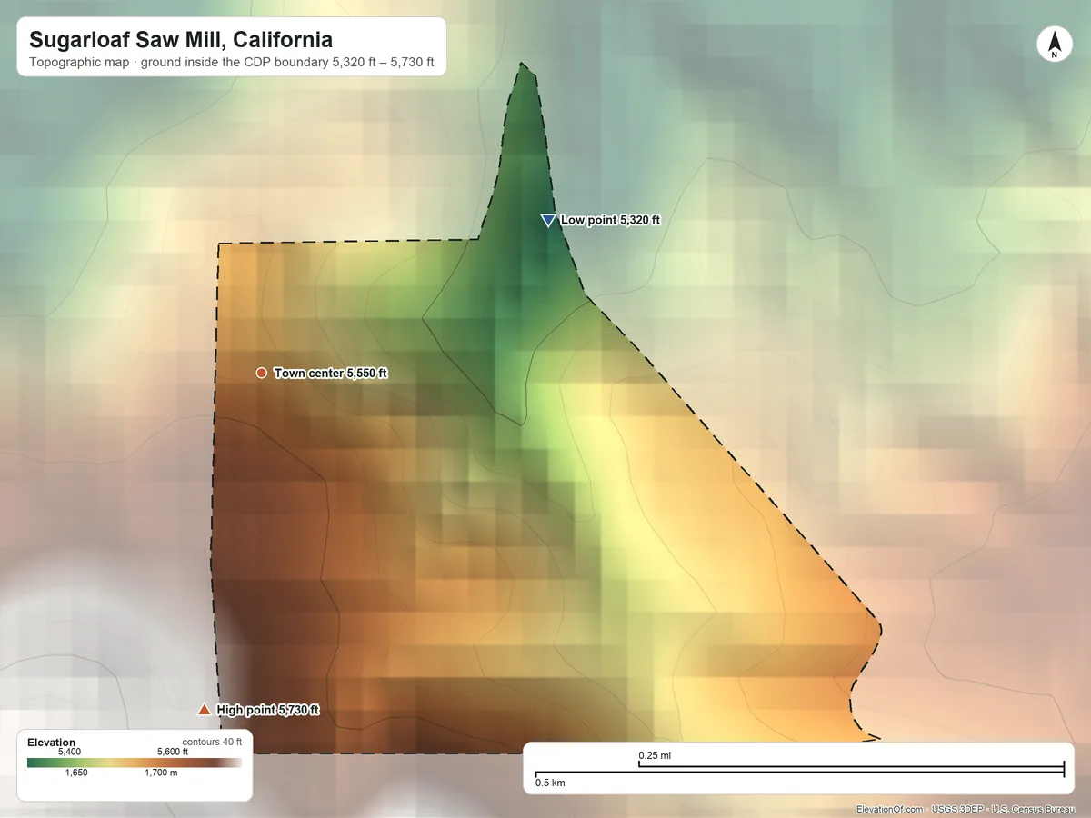 Topographic elevation map of Sugarloaf Saw Mill, California, shaded from 5,320 ft on the northeast side to 5,730 ft at the foot of the Greenhorn Mountains
