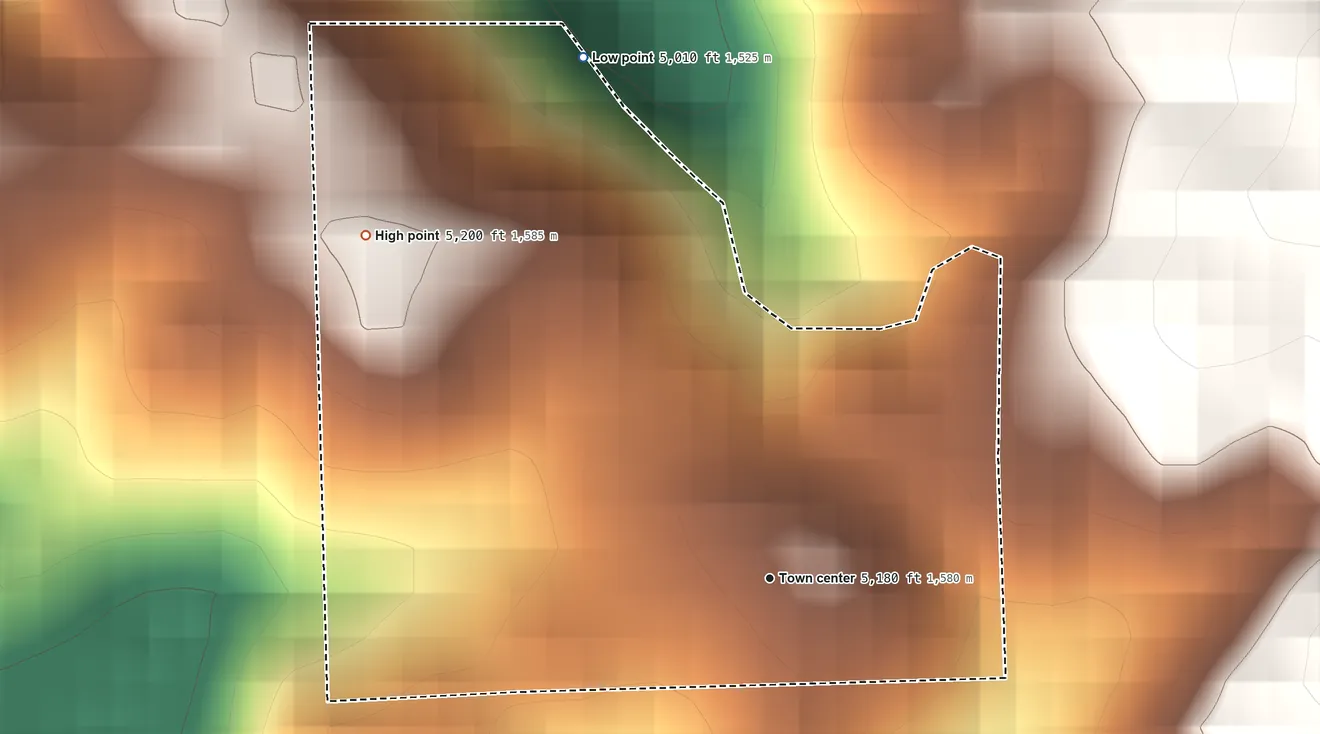 Topographic elevation map of Sugarloaf Village, California, shaded from 5,010 ft on the north side to 5,200 ft at the foot of the Greenhorn Mountains