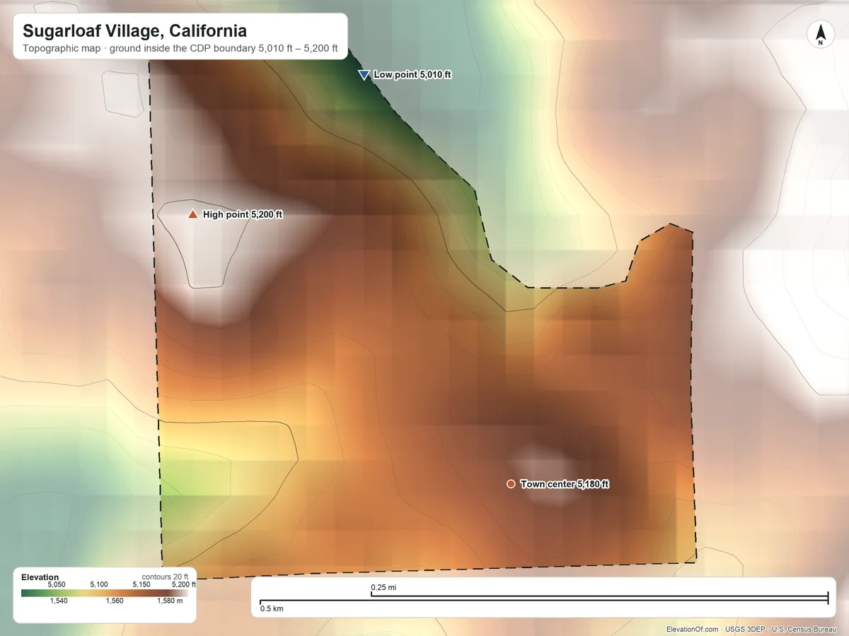 Topographic elevation map of Sugarloaf Village, California, shaded from 5,010 ft on the north side to 5,200 ft at the foot of the Greenhorn Mountains