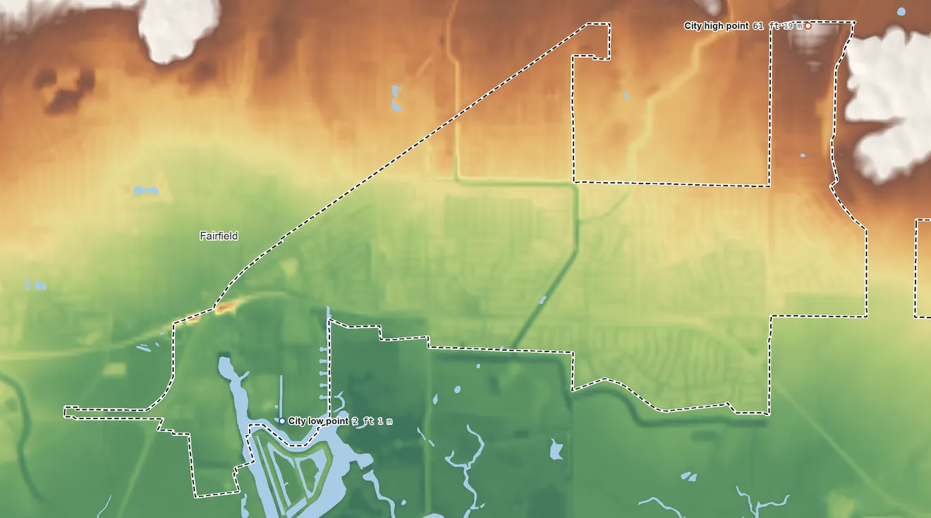 Topographic elevation map of Suisun City, California, shaded from 2 ft on the southwest side to 61 ft on the northeast side