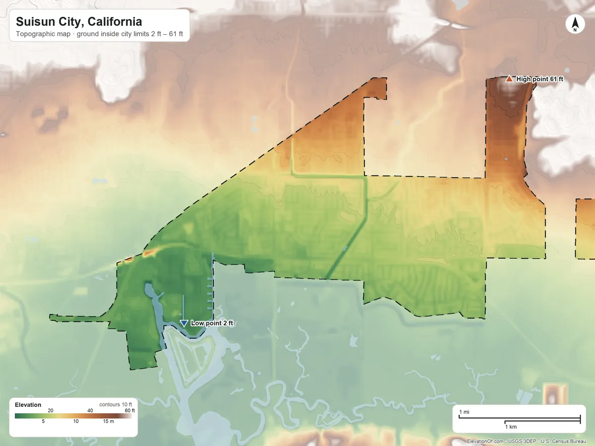 Topographic elevation map of Suisun City, California, shaded from 2 ft on the southwest side to 61 ft on the northeast side