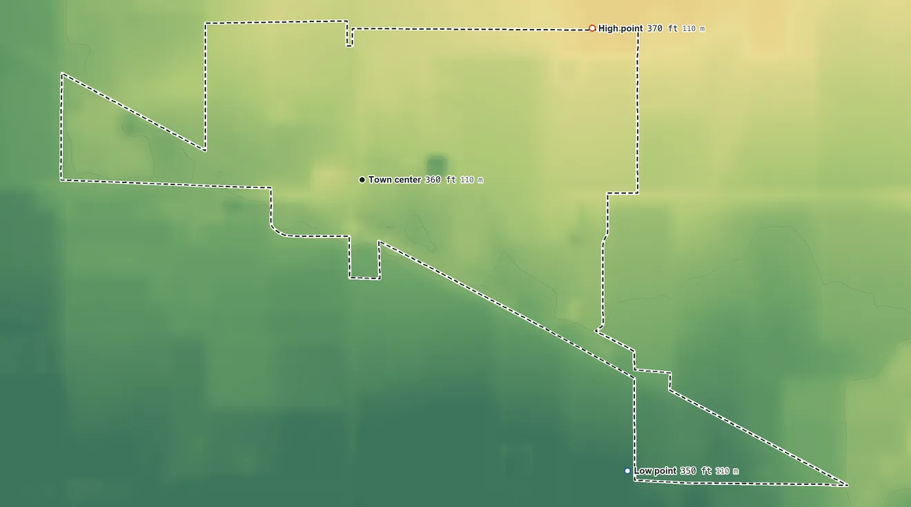 Topographic elevation map of Sultana, California, shaded from 350 ft on the southeast side to 370 ft at the foot of the Venice Hills