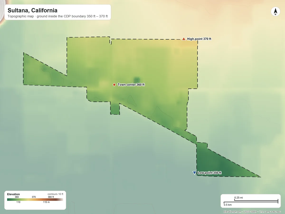 Topographic elevation map of Sultana, California, shaded from 350 ft on the southeast side to 370 ft at the foot of the Venice Hills