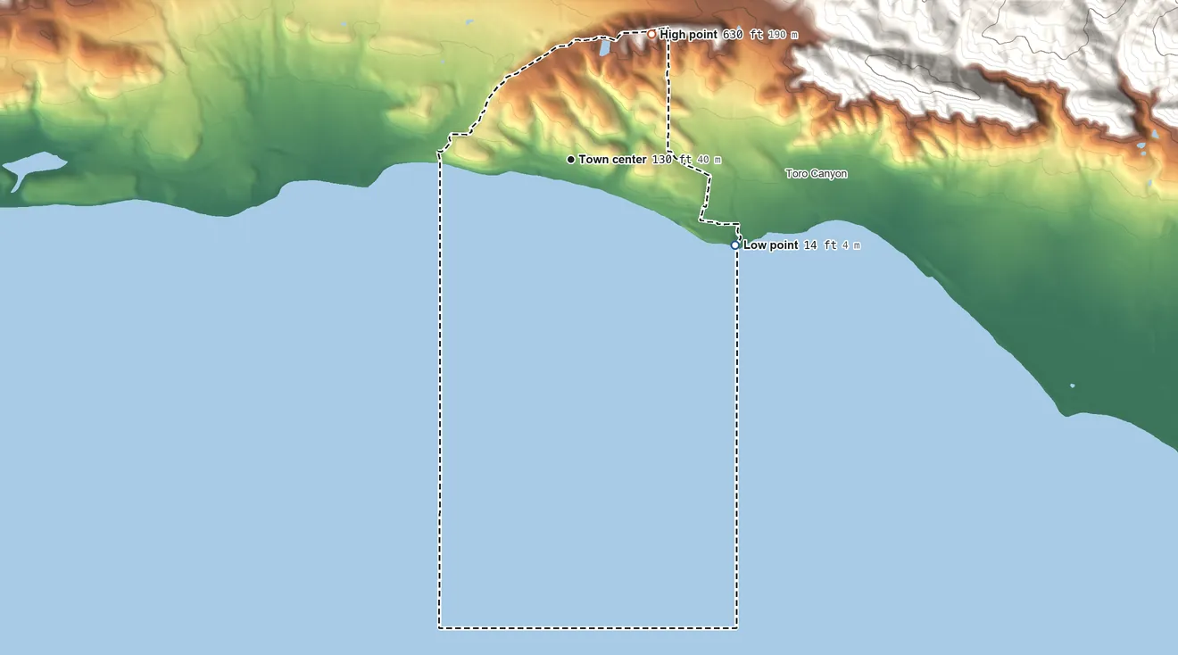 Topographic elevation map of Summerland, California, shaded from 14 ft on the southeast side to 630 ft at the foot of the Santa Ynez Mountains