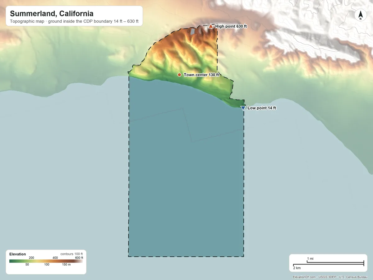 Topographic elevation map of Summerland, California, shaded from 14 ft on the southeast side to 630 ft at the foot of the Santa Ynez Mountains