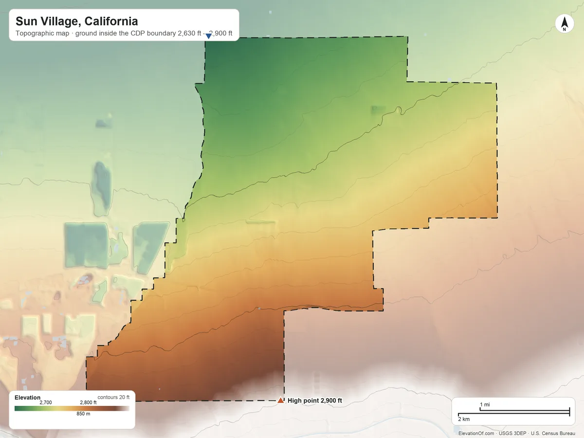 Topographic elevation map of Sun Village, California, shaded from 2,630 ft on the northwest side to 2,900 ft on the south side