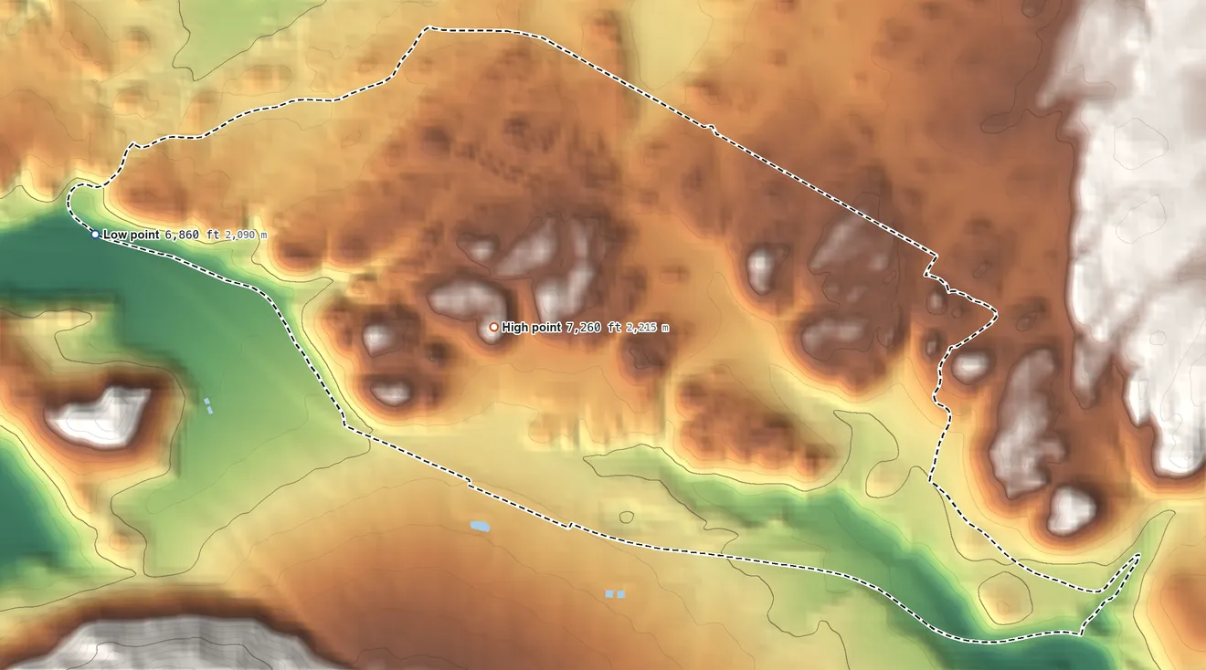 Topographic elevation map of Sunny Slopes, California, shaded from 6,860 ft on the west side to 7,260 ft on the north edge, below higher ground just outside