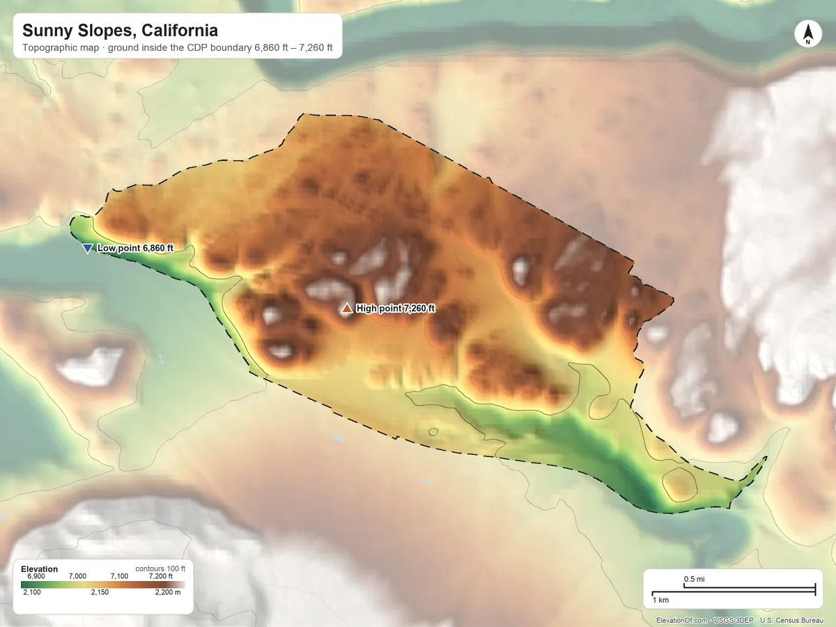 Topographic elevation map of Sunny Slopes, California, shaded from 6,860 ft on the west side to 7,260 ft on the north edge, below higher ground just outside