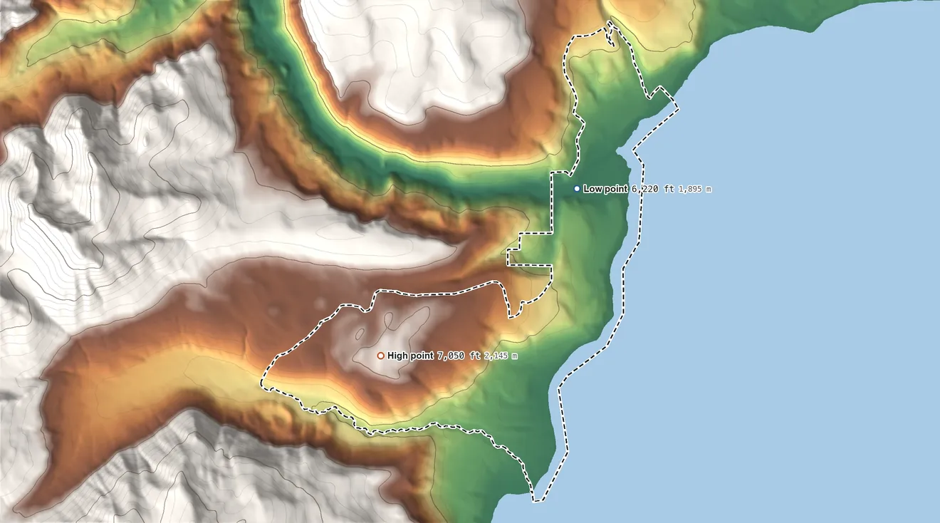 Topographic elevation map of Sunnyside-Tahoe City, California, shaded from 6,220 ft on the north side to 7,050 ft on the southwest edge, below higher ground just outside