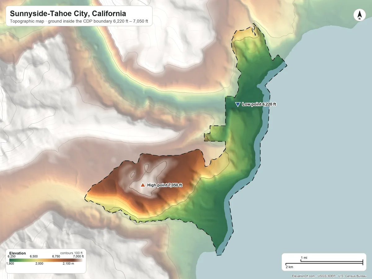 Topographic elevation map of Sunnyside-Tahoe City, California, shaded from 6,220 ft on the north side to 7,050 ft on the southwest edge, below higher ground just outside