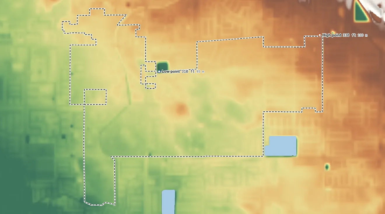 Topographic elevation map of Sunnyside, California, shaded from 310 ft on the west side to 330 ft on the east side