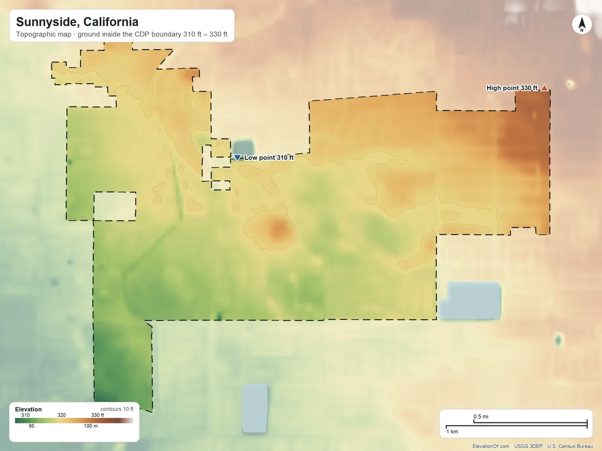 Topographic elevation map of Sunnyside, California, shaded from 310 ft on the west side to 330 ft on the east side