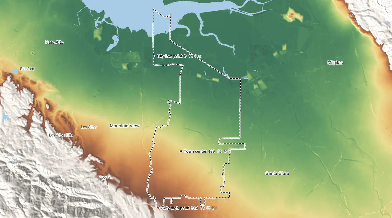 Topographic elevation map of Sunnyvale, California, shaded from sea level level on San Francisco Bay to 310 ft at the foot of the Santa Cruz Mountains
