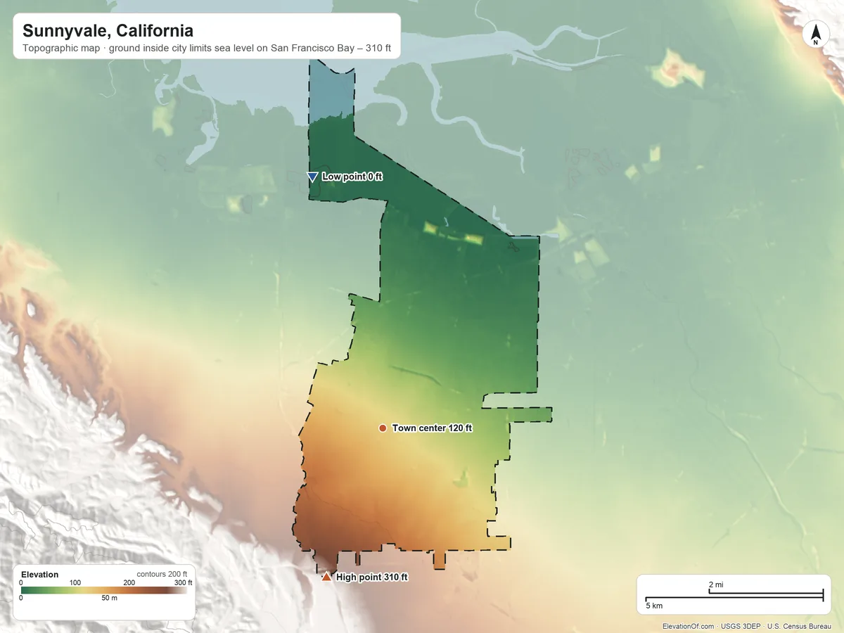Topographic elevation map of Sunnyvale, California, shaded from sea level level on San Francisco Bay to 310 ft at the foot of the Santa Cruz Mountains