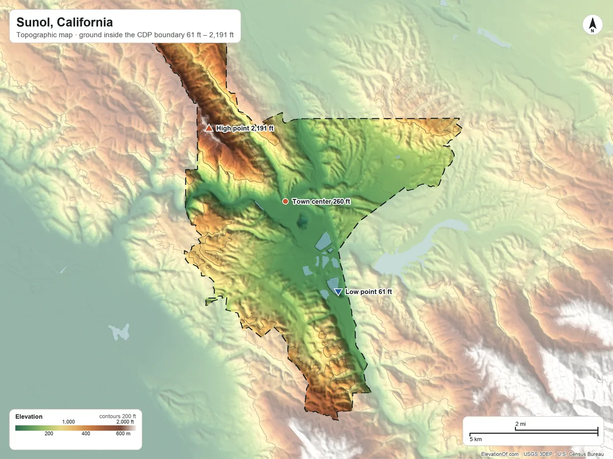Topographic elevation map of Sunol, California, shaded from 61 ft on the southeast side to 2,191 ft on Sunol Peak