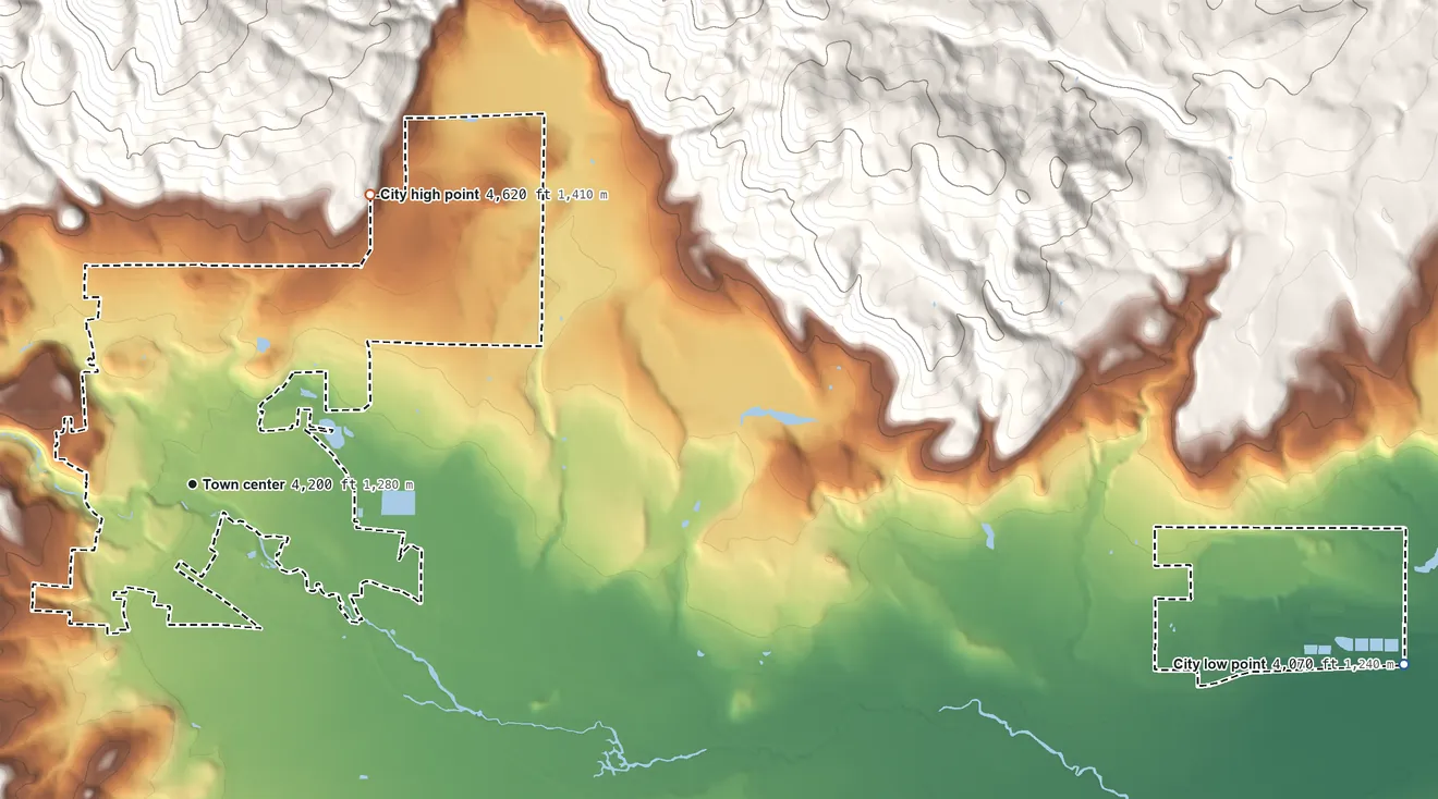 Topographic elevation map of Susanville, California, shaded from 4,070 ft on the east side to 4,620 ft on the northeast edge, below higher ground just outside