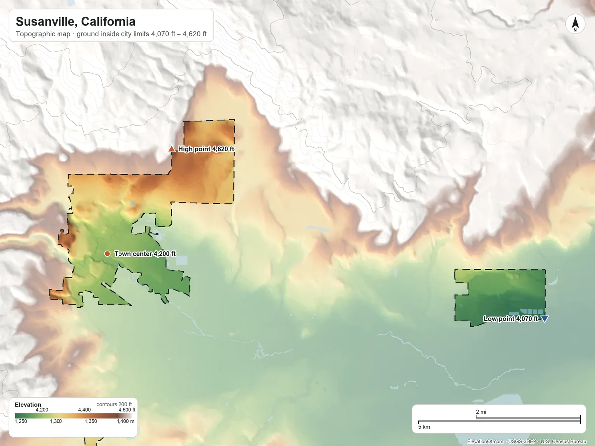 Topographic elevation map of Susanville, California, shaded from 4,070 ft on the east side to 4,620 ft on the northeast edge, below higher ground just outside